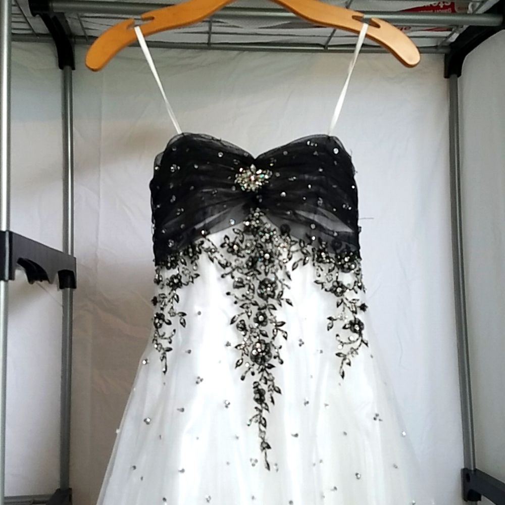 Prom ball gown, white, black and sequin